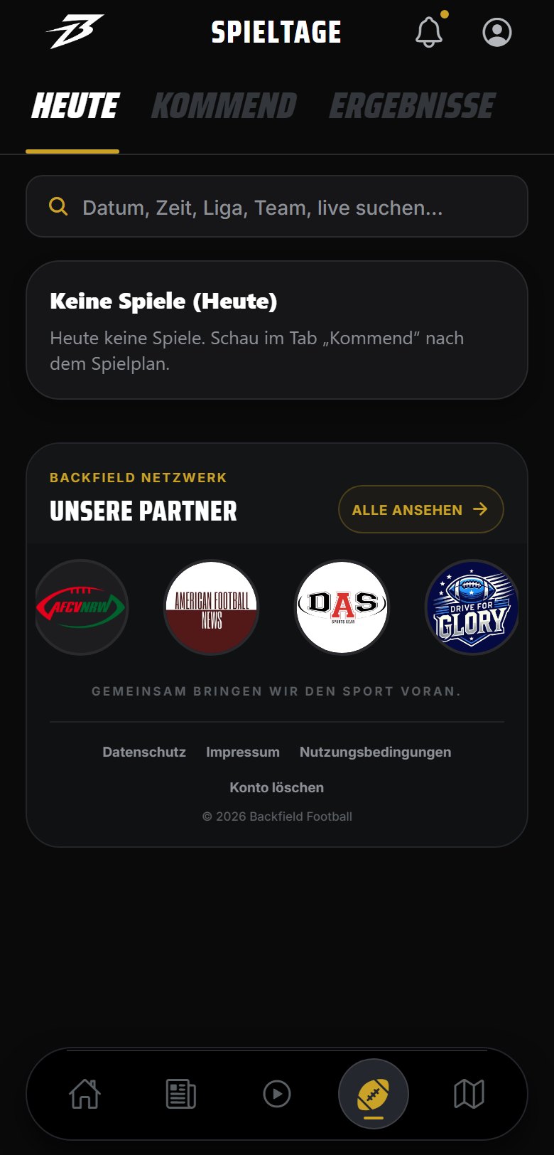BACKFIELD FOOTBALL™ App — Spieltage